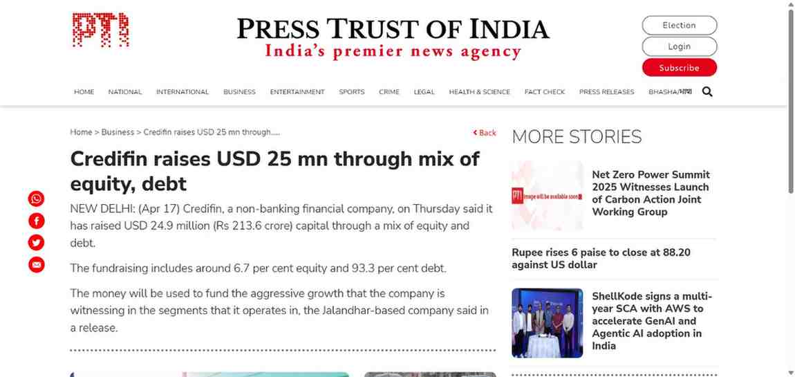 Press coverage by Credifin raises USD 25 mn through mix of equity, debt