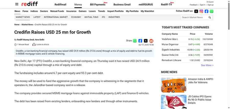 Press coverage by Credifin Raises USD 25 mn for Growth