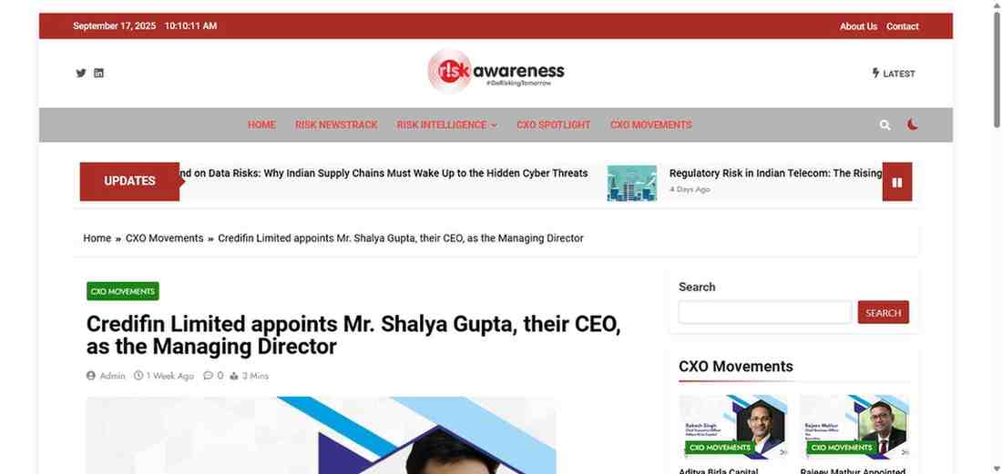 Press coverage by Credifin Limited appoints Mr. Shalya Gupta, their CEO, as the Managing Director