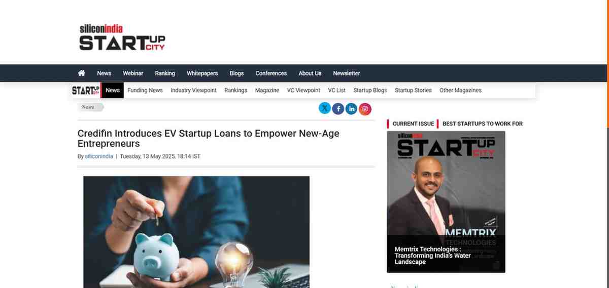 Press coverage by Credifin Introduces EV Startup Loans to Empower New-Age Entrepreneurs