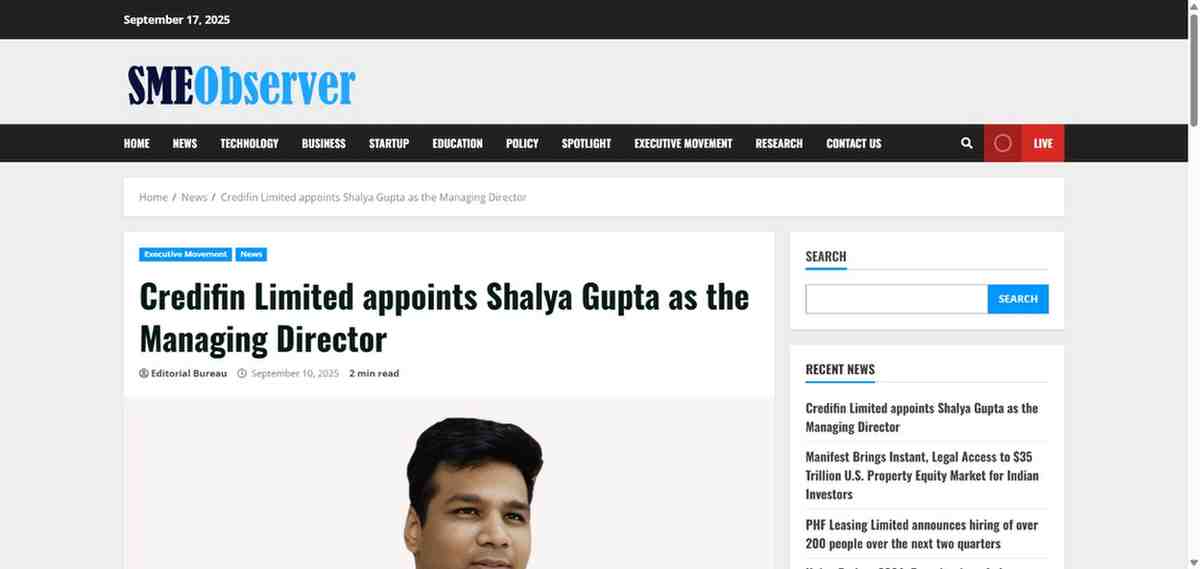 Press coverage by Credifin Limited appoints Shalya Gupta as the Managing Director