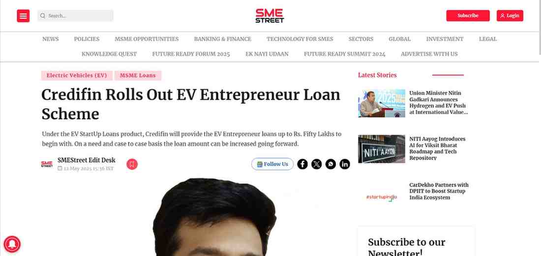 Press coverage by Credifin Rolls Out EV Entrepreneur Loan Scheme