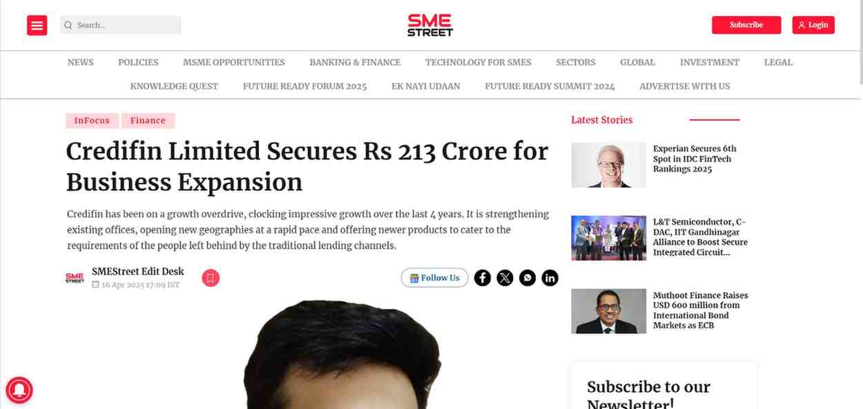 Press coverage by Credifin Limited Secures Rs 213 Crore for Business Expansion