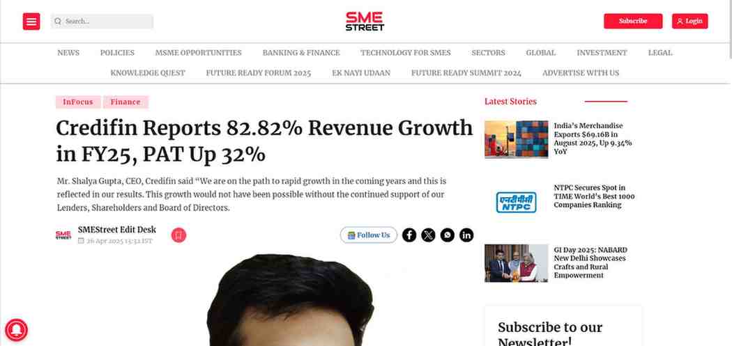 Press coverage by Credifin Reports 82.82% Revenue Growth in FY25, PAT Up 32%