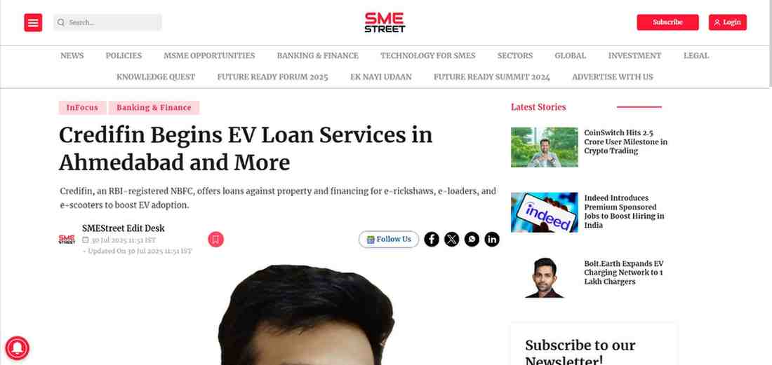 Press coverage by Credifin Begins EV Loan Services in Ahmedabad and More