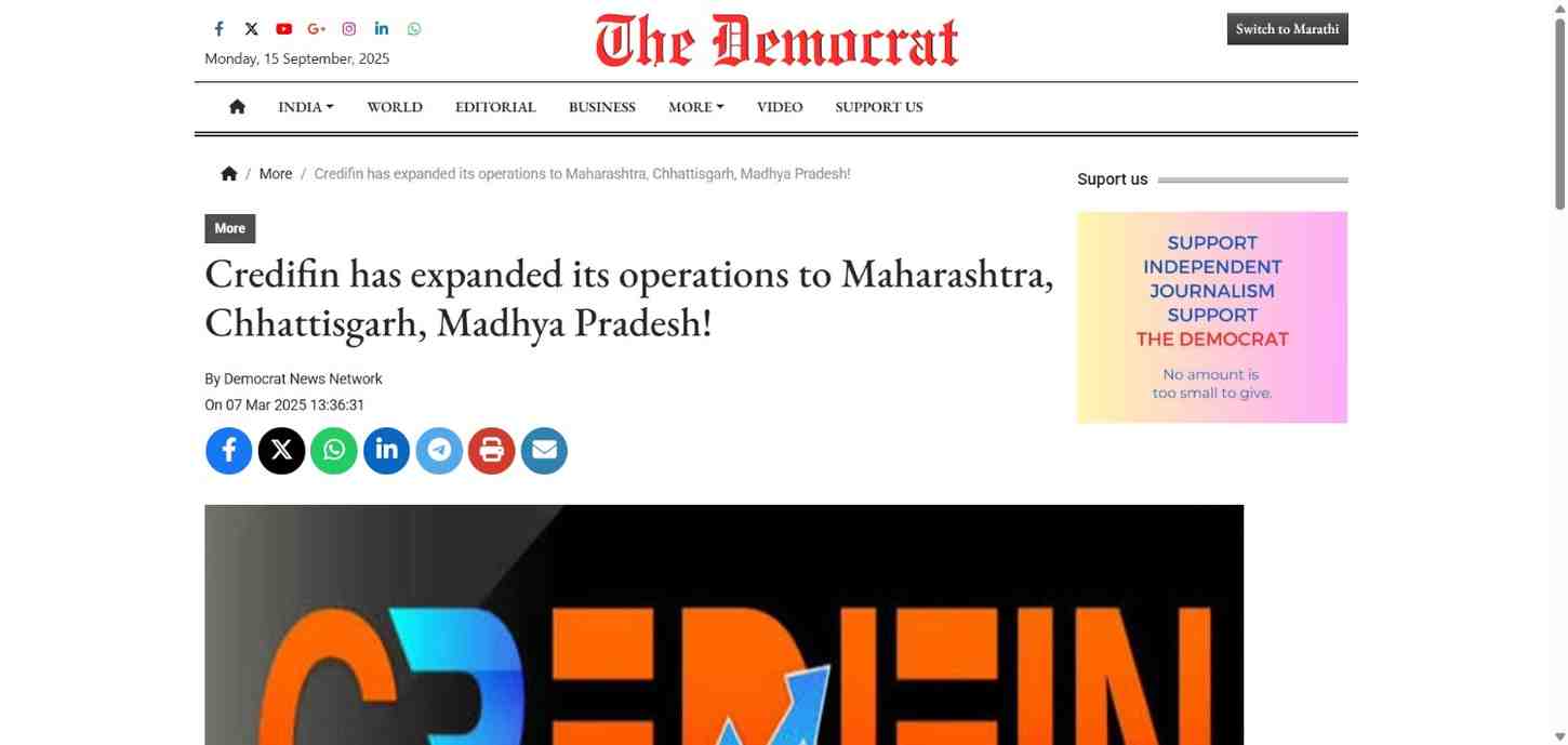 Press coverage by Credifin has expanded its operations to Maharashtra, Chhattisgarh, Madhya Pradesh!