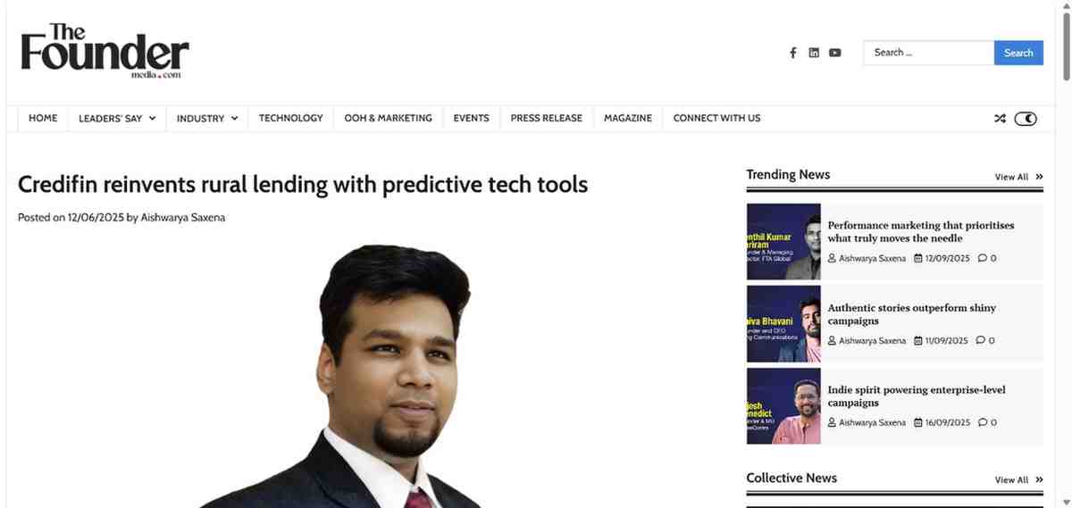 Press coverage by Credifin reinvents rural lending with predictive tech tools