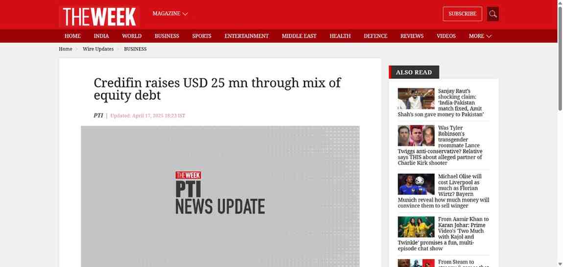 Press coverage by Credifin raises USD 25 mn through mix of equity debt