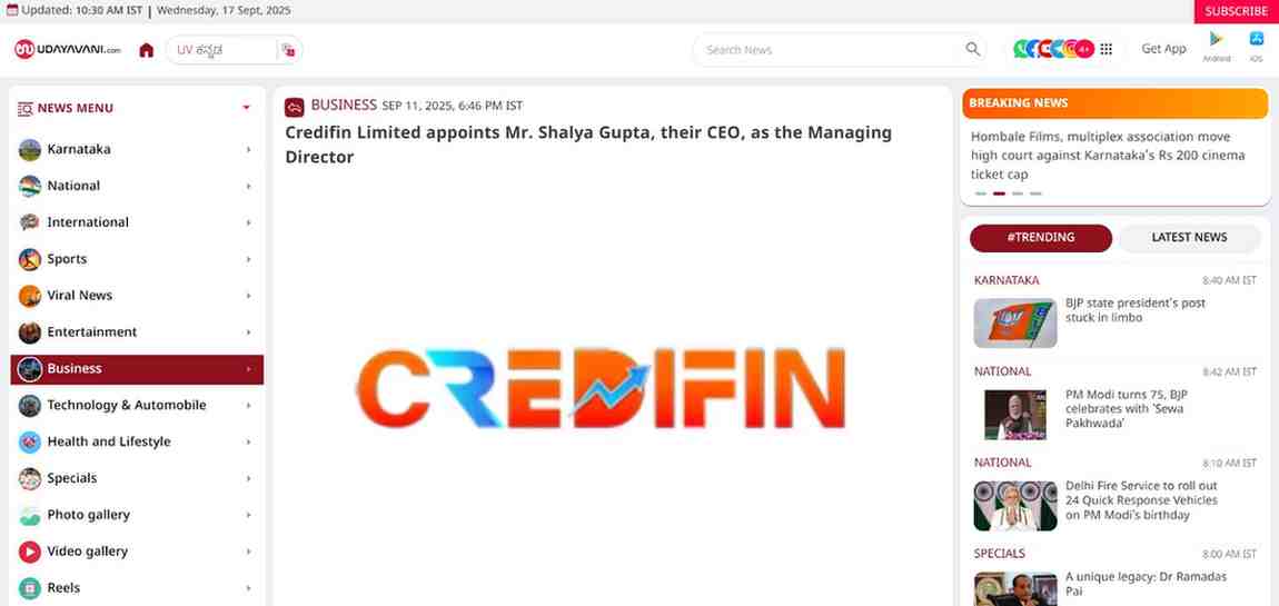Press coverage by Credifin Limited appoints Mr. Shalya Gupta, their  CEO, as the Managing Director