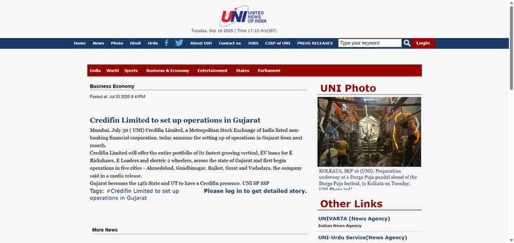 Press coverage by Credifin Limited to set up operations in Gujarat