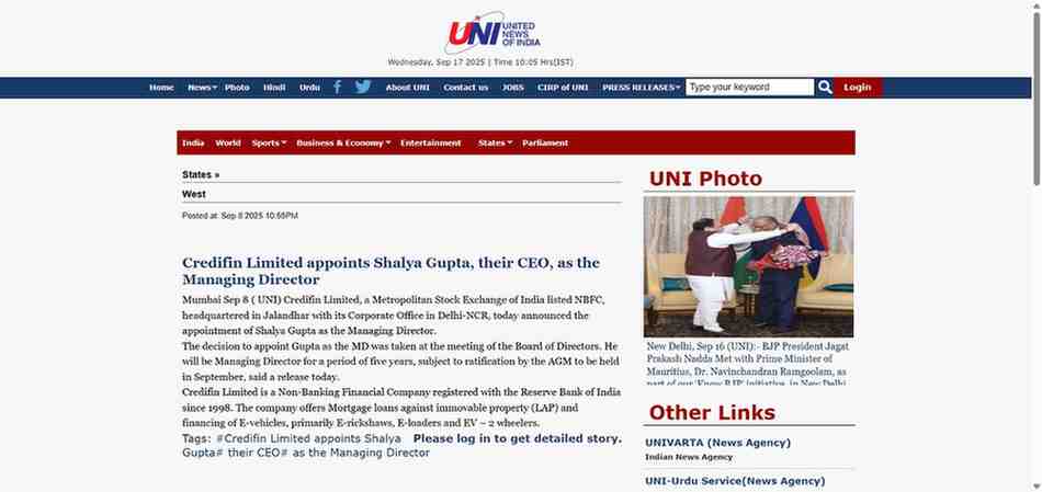 Press coverage by Credifin Limited appoints Shalya Gupta, their CEO, as the Managing Director